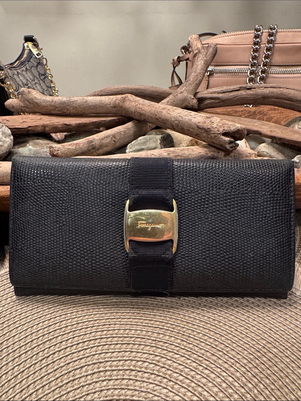 Salvatore Ferragamo Black Textured Leather Wallet with Gold Buckle
